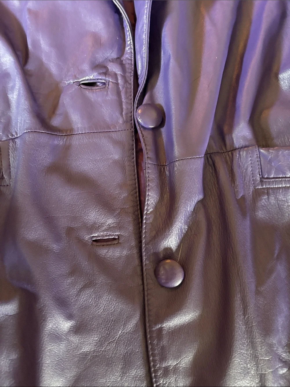Women's Purple Leather Long Coat - Classic Button-Front Design